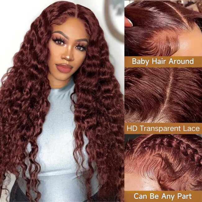 13x6 Reddish Brown (Auburn) Curly Deep Wave HD Lace Front Wig: 180% Density Human Hair, Pre-Plucked for Women (Copy) - Image 7