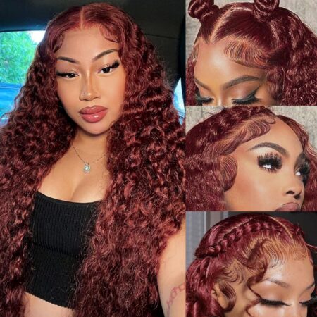 13x6 Reddish Brown (Auburn) Curly Deep Wave HD Lace Front Wig: 180% Density Human Hair, Pre-Plucked for Women