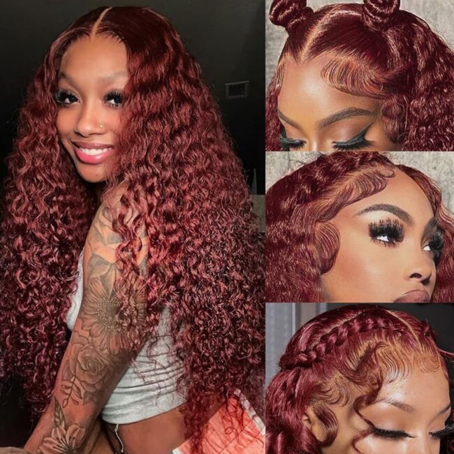 13x6 Reddish Brown (Auburn) Curly Deep Wave HD Lace Front Wig: 180% Density Human Hair, Pre-Plucked for Women (Copy) - Image 2