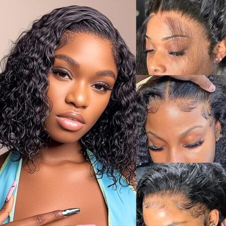 8 Inch Deep Wave Bob Wig Human Hair 13x4 Frontal Lace Wig 220% Density Short Bob Wigs Human Hair for Black Women Natural Hairline Glueless Curly Bob Wig With Baby Hair Natural Black