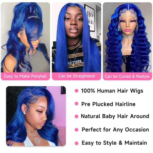 Blue Lace Front Wig Human Hair - 13x4 Lace Front Wigs Human Hair Pre Plucked with Baby Hair 200% Density Body Wave Colored Human Hair Wigs Blue HD Transparent Lace Wigs Human Hair 28 Inch - Image 5