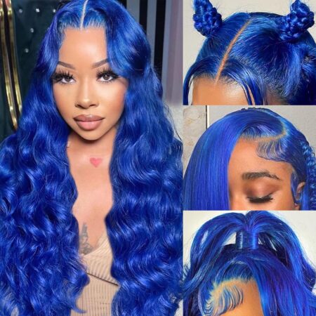 Blue Lace Front Wig Human Hair - 13x4 Lace Front Wigs Human Hair Pre Plucked with Baby Hair 200% Density Body Wave Colored Human Hair Wigs Blue HD Transparent Lace Wigs Human Hair 28 Inch