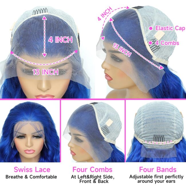 Blue Lace Front Wig Human Hair - 13x4 Lace Front Wigs Human Hair Pre Plucked with Baby Hair 200% Density Body Wave Colored Human Hair Wigs Blue HD Transparent Lace Wigs Human Hair 28 Inch - Image 2