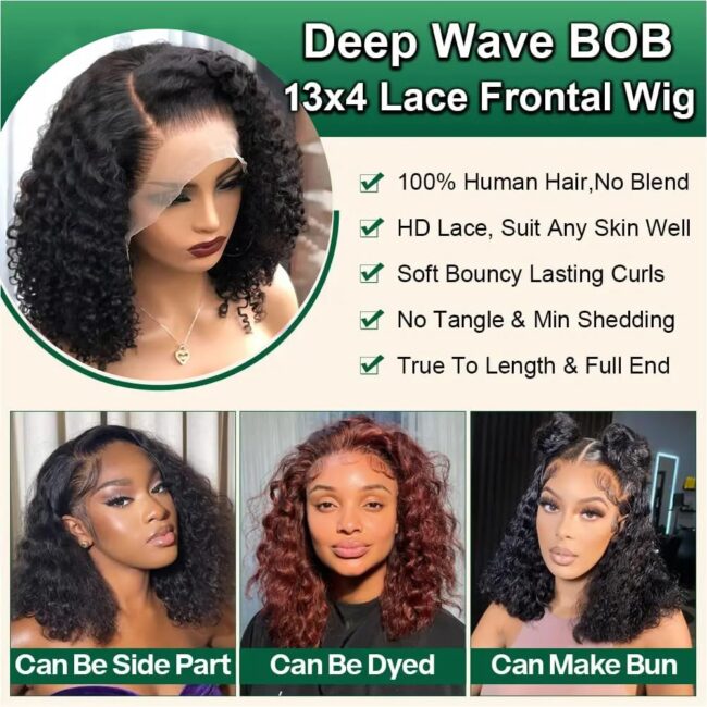 12 Inch Bob Wig Human Hair 220% Density 13x4 Deep Wave Lace Front Wigs Human Hair Curly Wigs for Black Women Short Bob Wigs Wet and Wavy Lace Frontal Wig (Copy) - Image 4