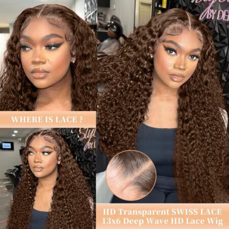 Chocolate Brown Deep Wave Lace Front Wigs Human Hair 13x6 Curly Human Hair Wig 200% Density HD Lace Front Wig Human Hair Pre Plucked Deep Wave Wig for Women with Baby Hair