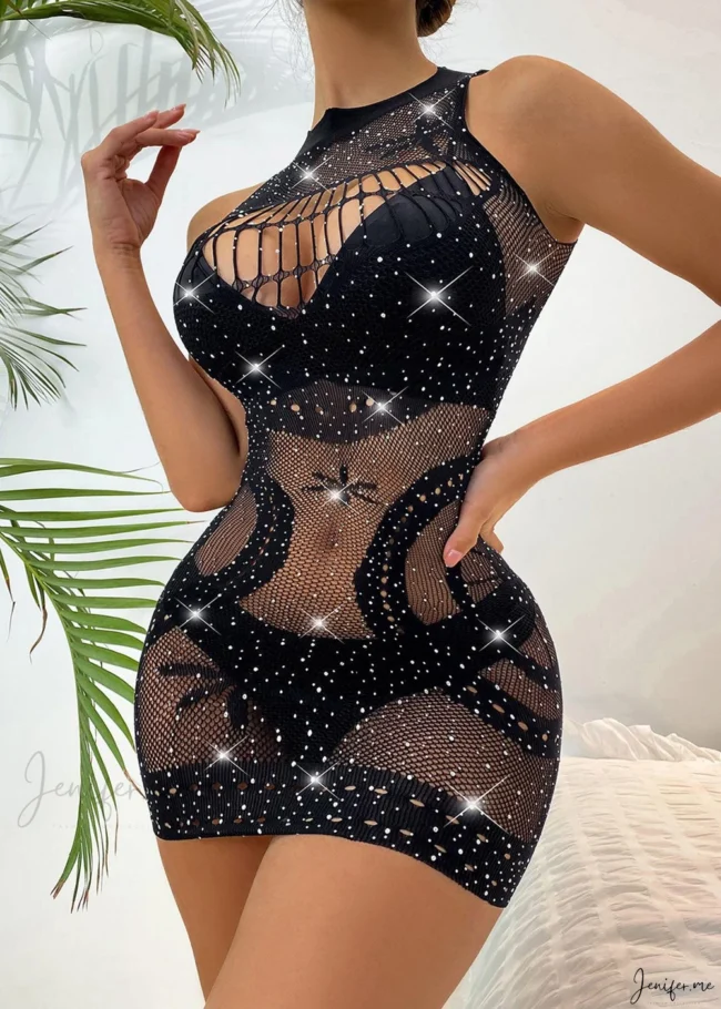 Elegant Black Round Neck Shapewear with Rhinestone Tulle: Sculpt & Sparkle in Style - Image 3