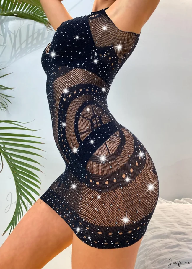 Elegant Black Round Neck Shapewear with Rhinestone Tulle: Sculpt & Sparkle in Style - Image 4