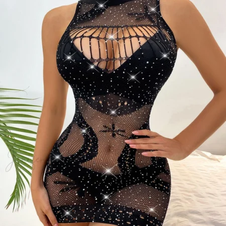 Elegant Black Round Neck Shapewear with Rhinestone Tulle: Sculpt & Sparkle in Style
