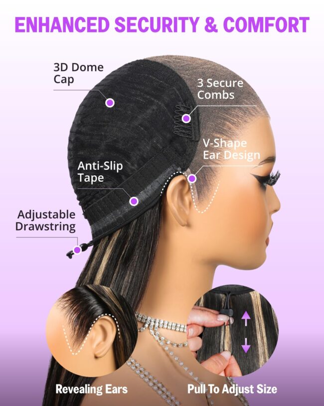 ✨ Wear It & Wow – 220% Density Glueless Straight Frontal Wig with Upgraded HD Lace & Drawstring Fit! ✨ Ombre - Image 5