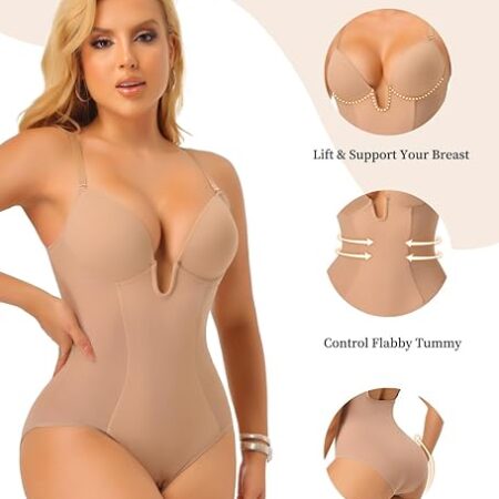 Women’s Backless Plunge U-Neck Bodysuit: Tummy Control Shapewear with Built-In Bra (Wedding & Party Essential)