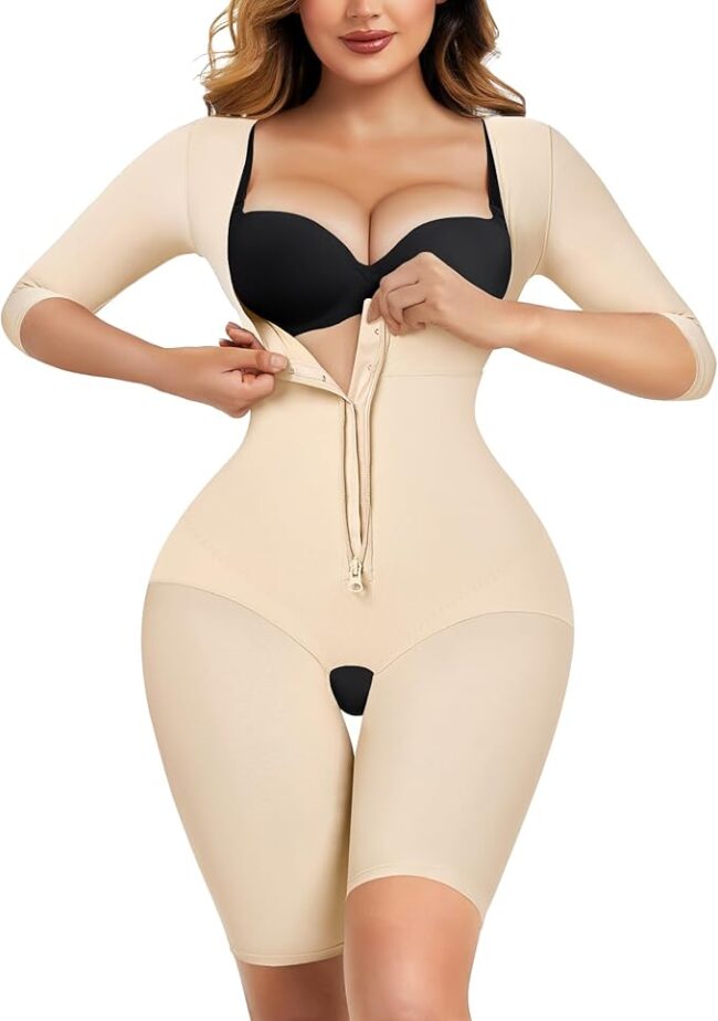LANCS Fajas Colombianas Body Shaper: Beige Mid-Sleeve Post-Surgery/Postpartum Compression Garment