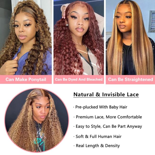 Seamless #1B-to-caramel ombre, 13x4 HD lace for blending, 180% density deep waves, pre-plucked baby hairs—glueless human hair for everyday & glam styles!” - Image 4