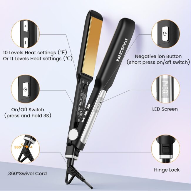 1.65" Wide-Plate Titanium Negative Ion Flat Iron – 30s Rapid Heating, LED Temp Display, Wide Voltage & 10 Adjustable Temp Levels (260–450℉) - Image 7