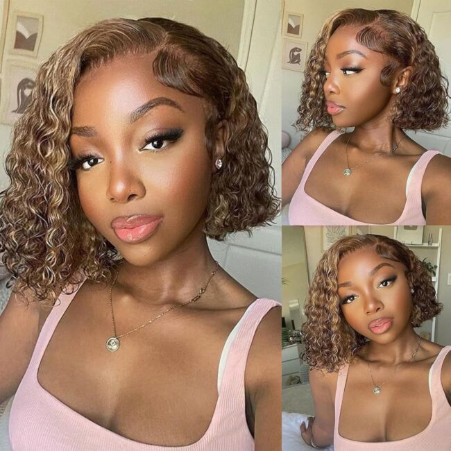 Honey Blonde 13x6 Bob Frontal Lace Wig – Deep Curly Virgin Human Hair, Pre Plucked, HD Transparent Lace Frontal Wigs - Image 2