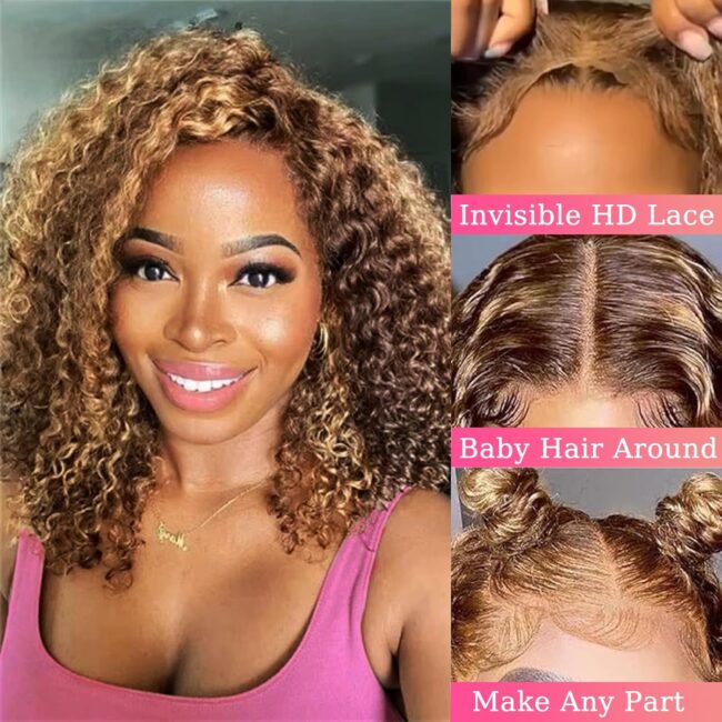 Honey Blonde 13x6 Bob Frontal Lace Wig – Deep Curly Virgin Human Hair, Pre Plucked, HD Transparent Lace Frontal Wigs - Image 6