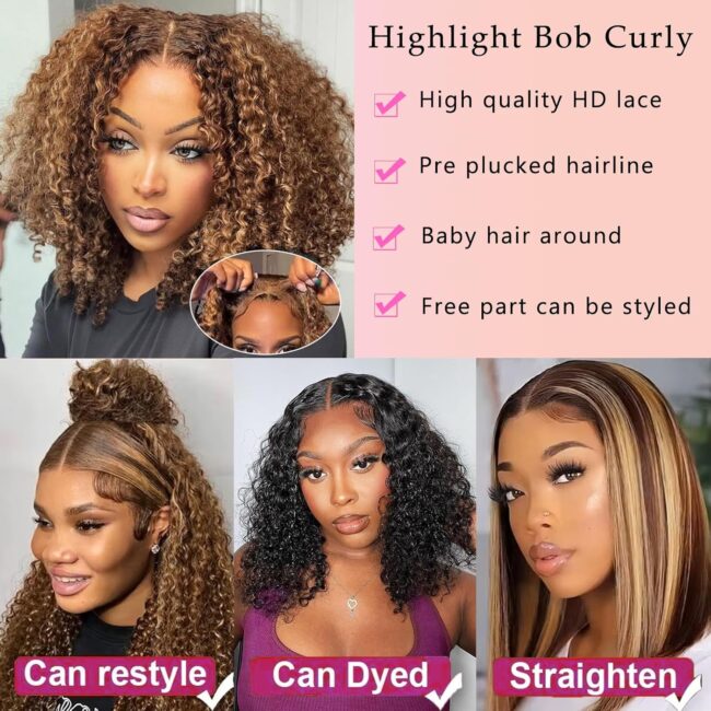 Honey Blonde 13x6 Bob Frontal Lace Wig – Deep Curly Virgin Human Hair, Pre Plucked, HD Transparent Lace Frontal Wigs - Image 7