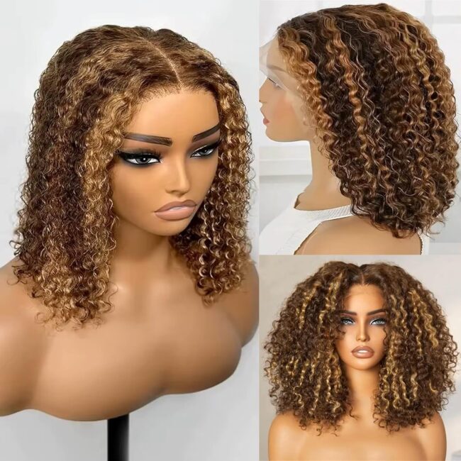 Honey Blonde 13x6 Bob Frontal Lace Wig – Deep Curly Virgin Human Hair, Pre Plucked, HD Transparent Lace Frontal Wigs - Image 3