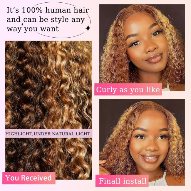 Honey Blonde 13x6 Bob Frontal Lace Wig – Deep Curly Virgin Human Hair, Pre Plucked, HD Transparent Lace Frontal Wigs - Image 5