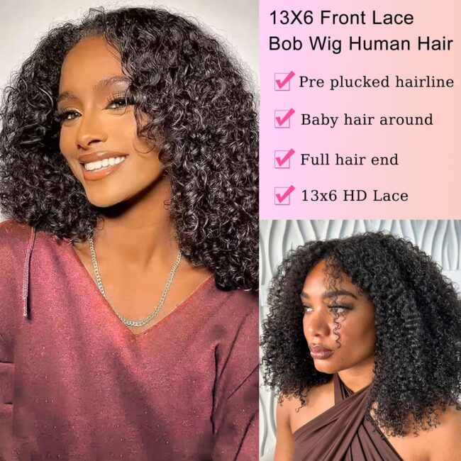 13x6 Bob Frontal Lace Wig – Deep Curly Virgin Human Hair, Pre Plucked, HD Transparent Lace Frontal Wigs - Image 5