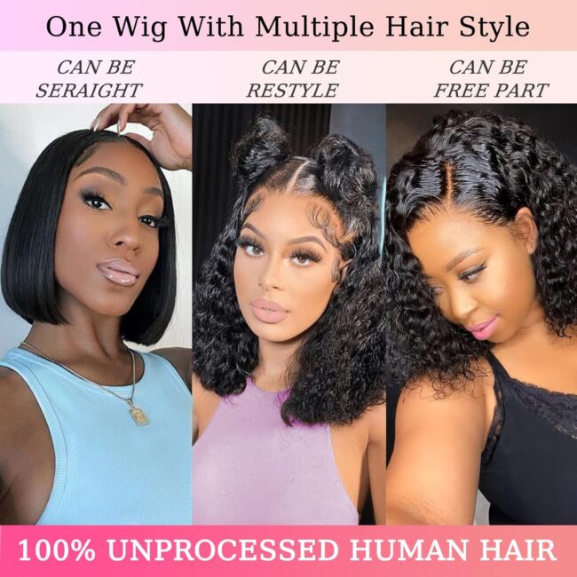 13x6 Bob Frontal Lace Wig – Deep Curly Virgin Human Hair, Pre Plucked, HD Transparent Lace Frontal Wigs - Image 4