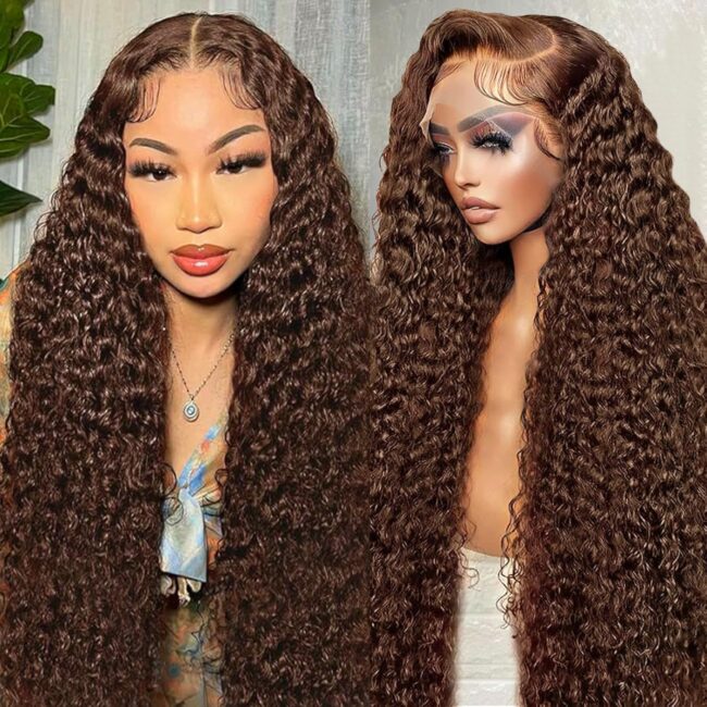 Chocolate Brown 13x6 Lace Front Wig – 180% Density HD Deep Wave Lace Frontal, Curly Highlight Brown Wig Human Hair, Pre Plucked with Baby Hair, Colored - Image 6