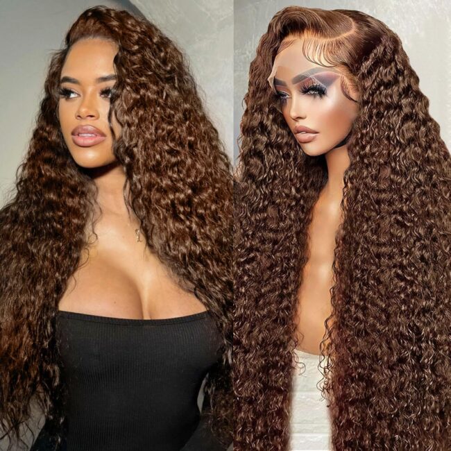 Chocolate Brown 13x6 Lace Front Wig – 180% Density HD Deep Wave Lace Frontal, Curly Highlight Brown Wig Human Hair, Pre Plucked with Baby Hair, Colored - Image 4