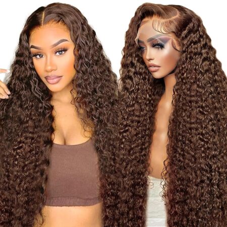 Chocolate Brown 13x6 Lace Front Wig – 180% Density HD Deep Wave Lace Frontal, Curly Highlight Brown Wig Human Hair, Pre Plucked with Baby Hair, Colored