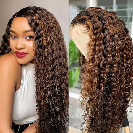 13x6 Highlight Ombre Lace Front Wig – 180% Density HD Deep Wave Lace Frontal, Curly Highlight Brown Wig Human Hair, Pre Plucked with Baby Hair, Colored
