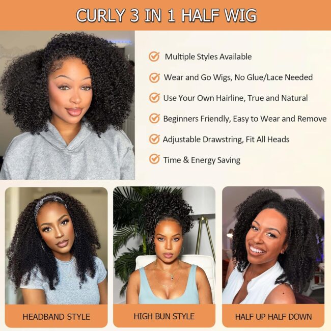 3-in-1 Seamless Flip-Over Kinky Curly Half Wig – 200% Density, Glueless Wear-and-Go, Beginner-Friendly Curly Half Wig Human Hair - Image 6