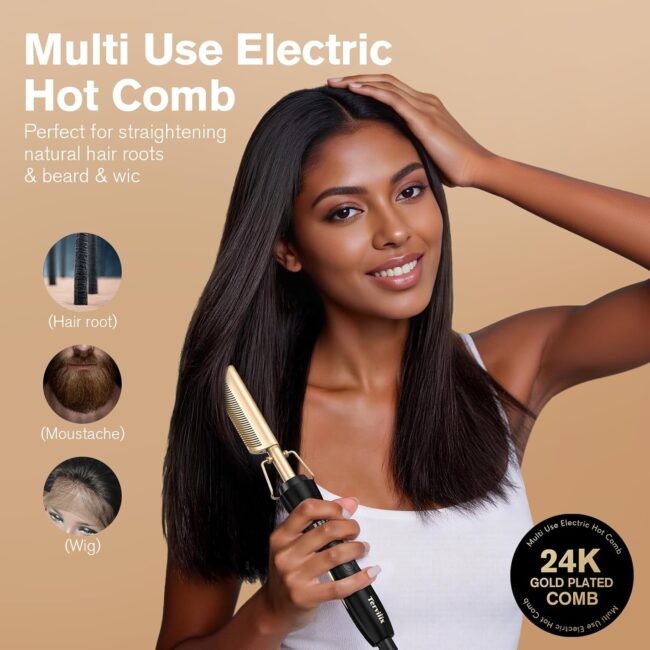 Curved Teeth Electric Hot Straightening Comb for Lace Front Wigs – Adjustable Temperature Pressing Comb for Human Hair & Synthetic Wigs - Image 5