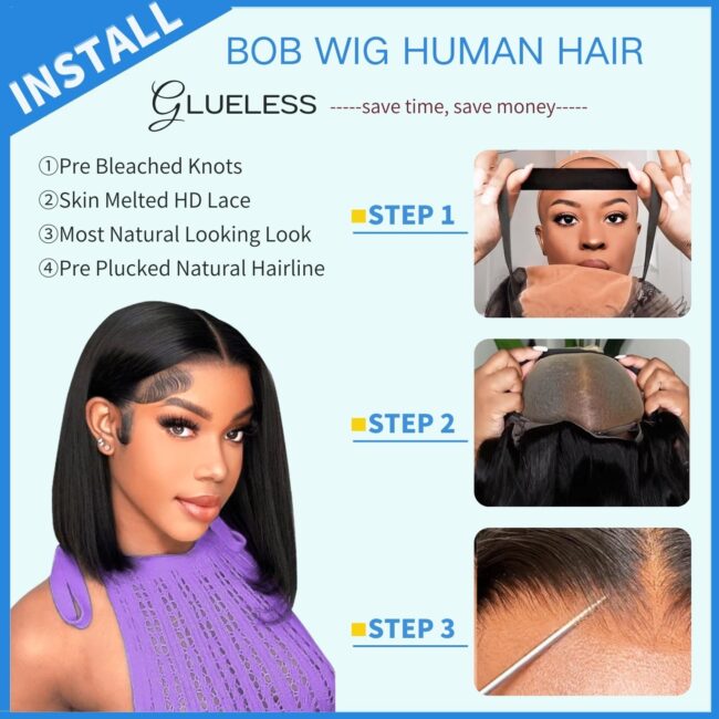 Glueless 4x4 HD Straight Lace Frontal Bob Wig 180% Density – Human Hair, Pre Plucked, Natural Hairline, Short Glueless Wigs - Image 6