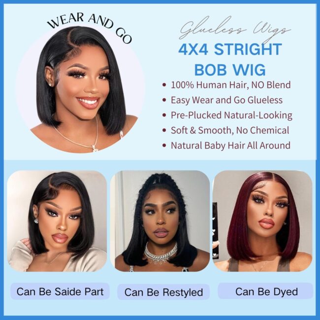 Glueless 4x4 HD Straight Lace Frontal Bob Wig 180% Density – Human Hair, Pre Plucked, Natural Hairline, Short Glueless Wigs - Image 5
