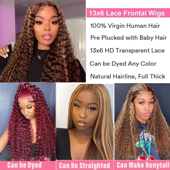 HD Honey Blonde Deep Wave Lace Frontal Wig – 200% Density, Glueless Colored Wigs for Women, Wet and Wavy Lace Front - Image 4