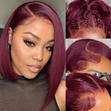 Wine red Short Bob Sleek. Soft. Seamless – 13x4 Short Bob Straight Frontal Wig with 150% Density & Baby Hair! ✨
