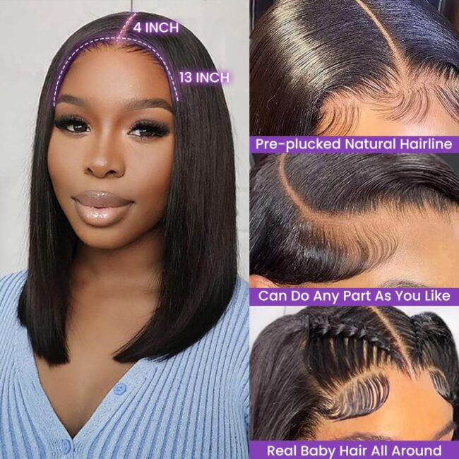 Short Bob Straight Frontal 13x4 Lace Front Wig – Human Hair, 150% Density, Pre Plucked with Baby Hair, Free Part, Natural Black - Image 9