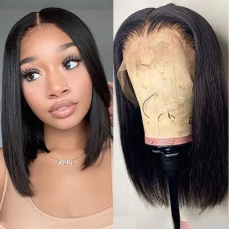 Short Bob Straight Frontal 13x4 Lace Front Wig – Human Hair, 150% Density, Pre Plucked with Baby Hair, Free Part, Natural Black