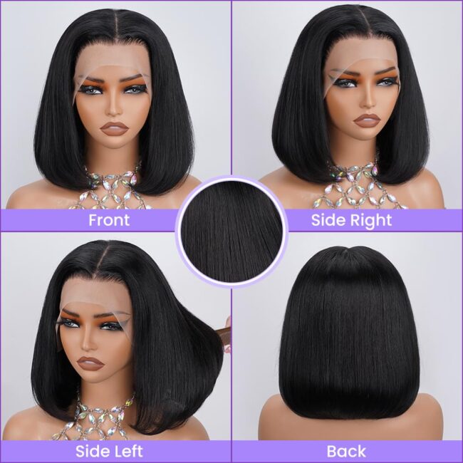 Short Bob Straight Frontal 13x4 Lace Front Wig – Human Hair, 150% Density, Pre Plucked with Baby Hair, Free Part, Natural Black - Image 7