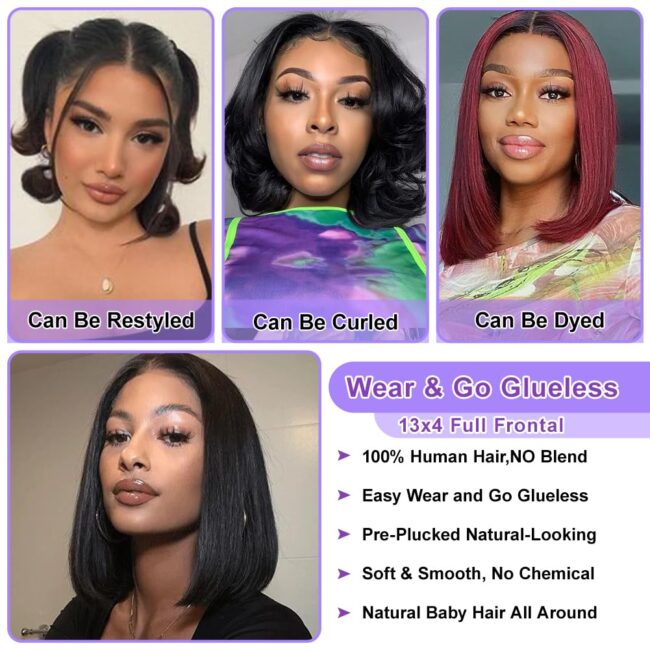 Short Bob Straight Frontal 13x4 Lace Front Wig – Human Hair, 150% Density, Pre Plucked with Baby Hair, Free Part, Natural Black - Image 6