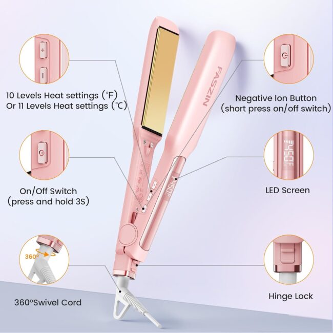 1.65" Wide-Plate Titanium Negative Ion Flat Iron – 30s Rapid Heating, LED Temp Display, Wide Voltage & 10 Adjustable Temp Levels (260–450℉) - Image 8