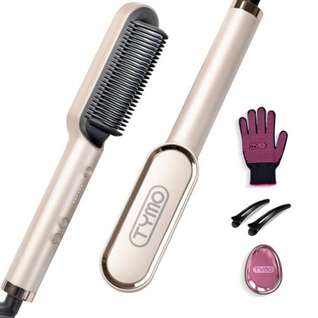 Elegant Gold TYMO Ring Hair Straightener – Comb Straightening Brush for Women with 5 Temps, 20s Fast Heating & Dual Voltage