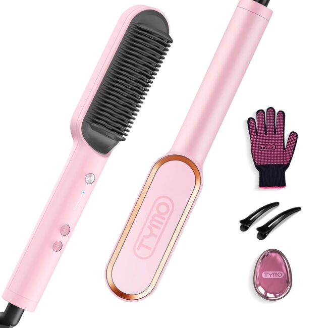 Pink TYMO Ring Hair Straightener – Comb Straightening Brush for Women with 5 Temps, 20s Fast Heating & Dual Voltage - Image 2