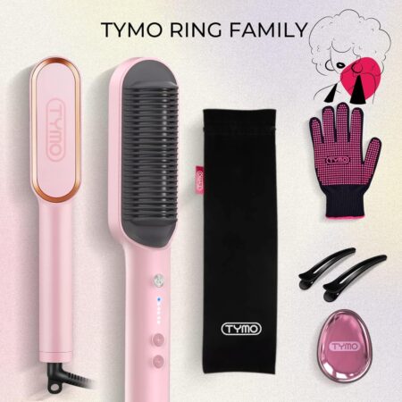 Pink TYMO Ring Hair Straightener – Comb Straightening Brush for Women with 5 Temps, 20s Fast Heating & Dual Voltage