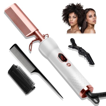 Total Control, Maximum Precision – 12-Temp Adjustable Hot Comb Up to 450°F for Wigs & Human Hair White