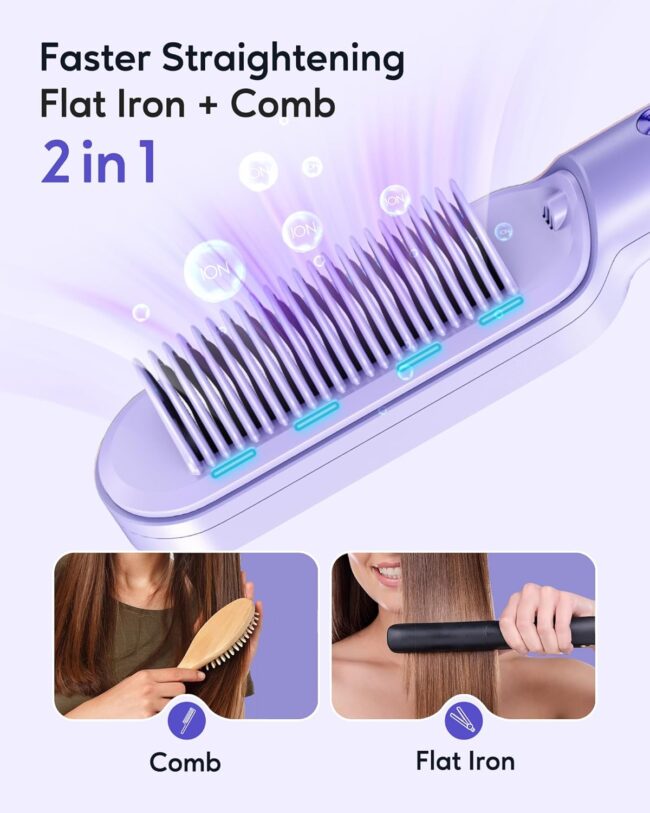 Wavytalk 6 Temperature Adjust, Anti-Scald Ceramic Hair Straightener Comb – Fast Heating for Home & Salon, Dual Voltage Purple - Image 4