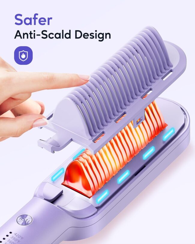 Wavytalk 6 Temperature Adjust, Anti-Scald Ceramic Hair Straightener Comb – Fast Heating for Home & Salon, Dual Voltage Purple - Image 5