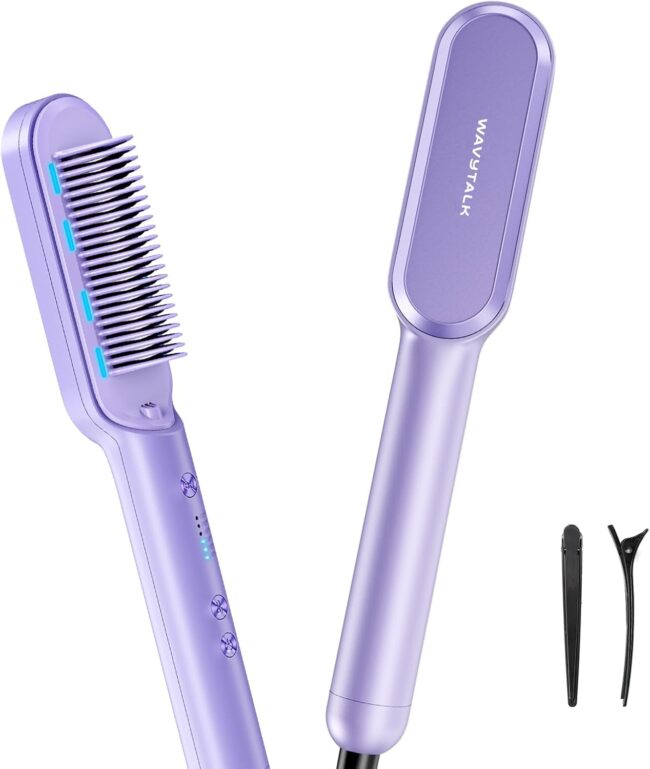 Wavytalk 6 Temperature Adjust, Anti-Scald Ceramic Hair Straightener Comb – Fast Heating for Home & Salon, Dual Voltage Purple