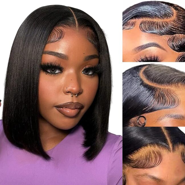 Short Bob Straight Frontal 13x4 Lace Front Wig – Human Hair, 150% Density, Pre Plucked with Baby Hair, Free Part, Natural Black - Image 3