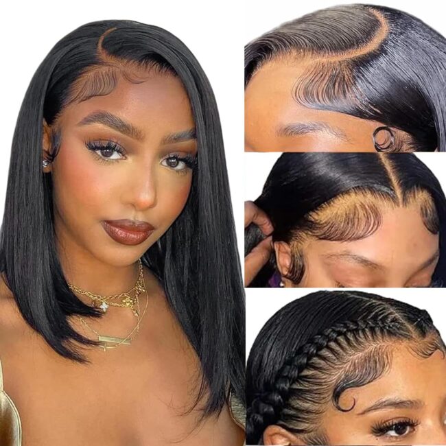 Short Bob Straight Frontal 13x4 Lace Front Wig – Human Hair, 150% Density, Pre Plucked with Baby Hair, Free Part, Natural Black - Image 2