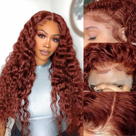 13x4 Copper Red Deep Wave Lace Frontal Wig – Pre Plucked, 180% Density, Auburn Wig With Baby Hair