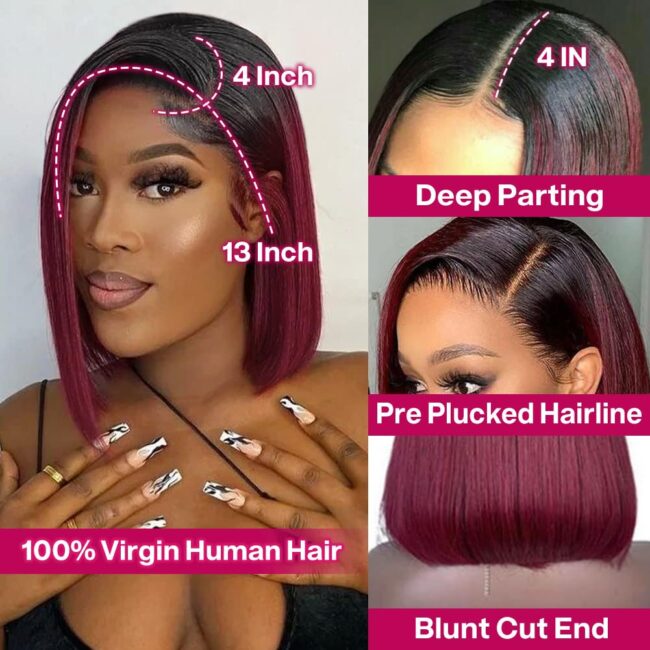 13x4 HD Lace Front Short Straight Bob Wigs – Human Hair, Pre Plucked, Glueless, Side Part, 180% Density - Image 3
